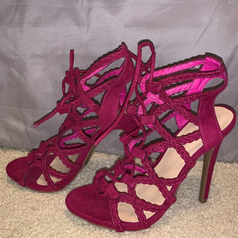 Magenta, Lace Up, Tie-Front Heels